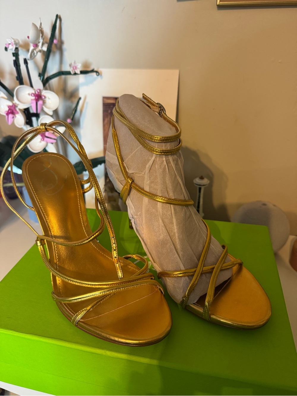 Sam Edelman Sareena Metallic Gold Leather Strappy Wrap Heels
